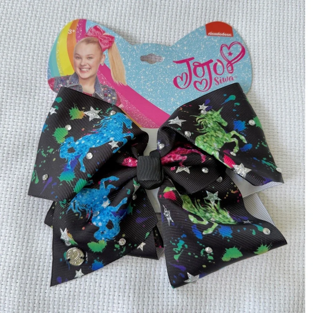 JoJo Siwa Signature Bow Black Paint Splatter Unicorn Rhinestone Hair Clip 6.5in